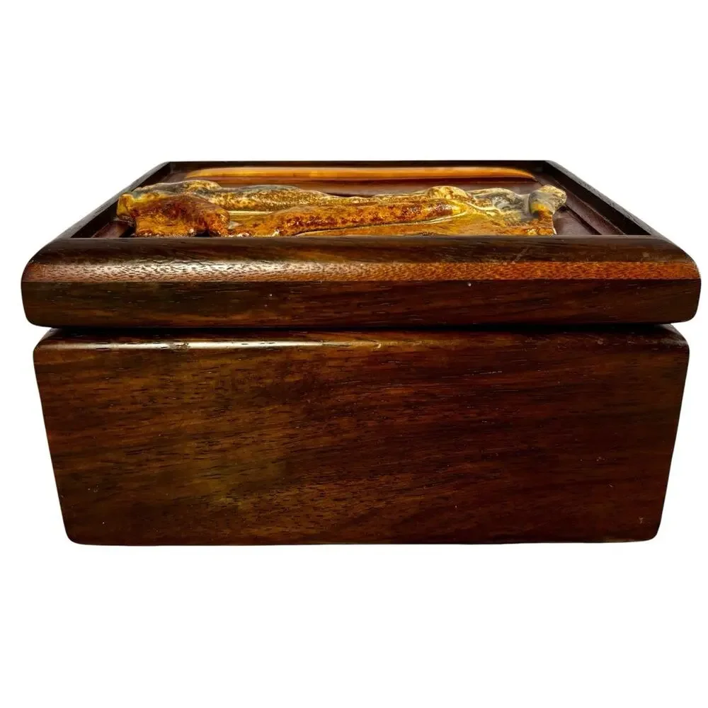 Vintage Handmade Mahogany Wood Box Ceramic Tile Lid Southwestern Cactus OOAK